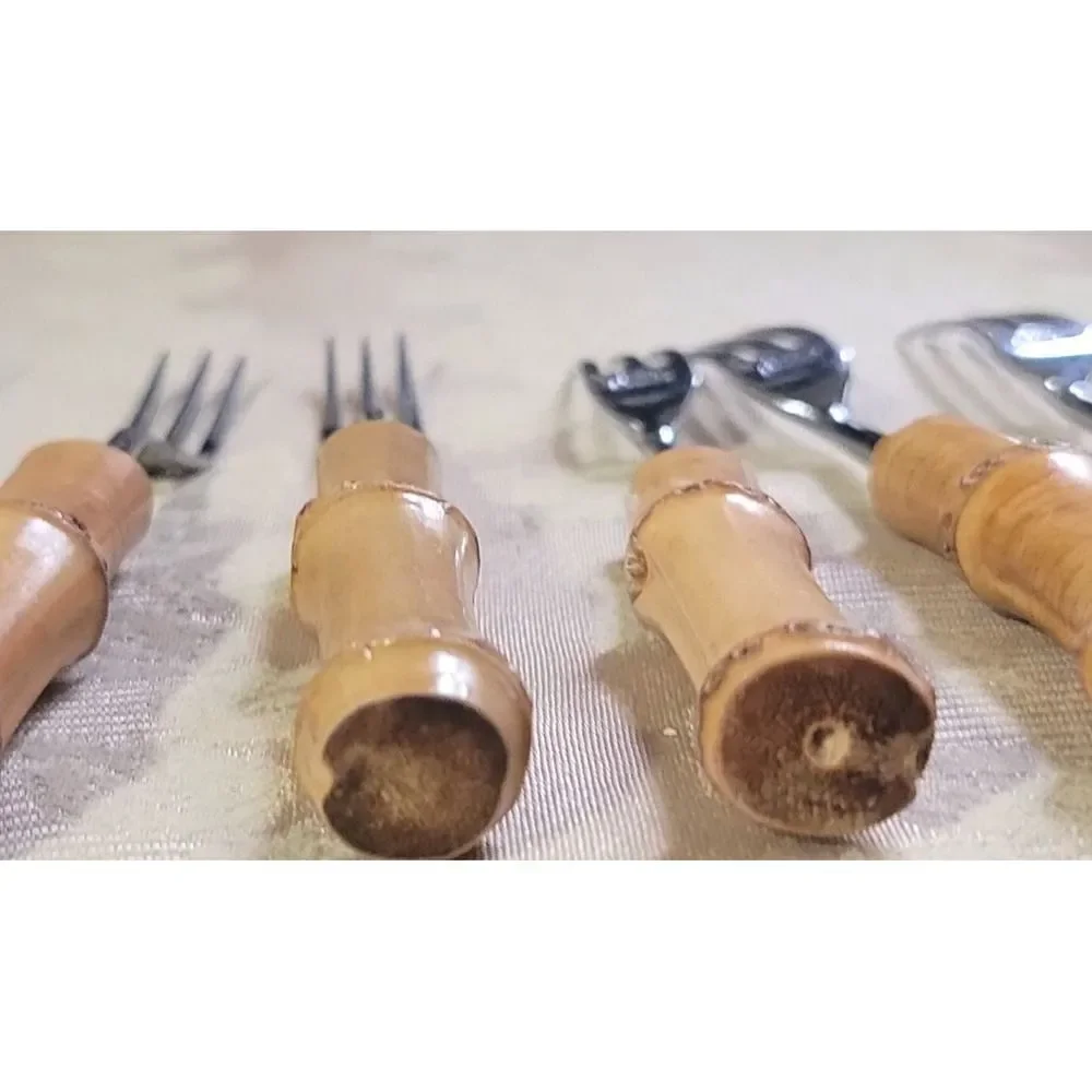Bamboo Handle Stainless Steel Fork Set 6 Appetizer Dessert Cocktail Fondue MCM